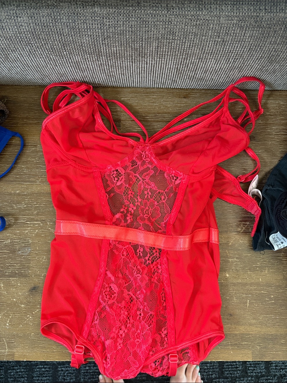 Leg Avenue Red Lace Chemise Bodysuit with Sheer Floral Panel